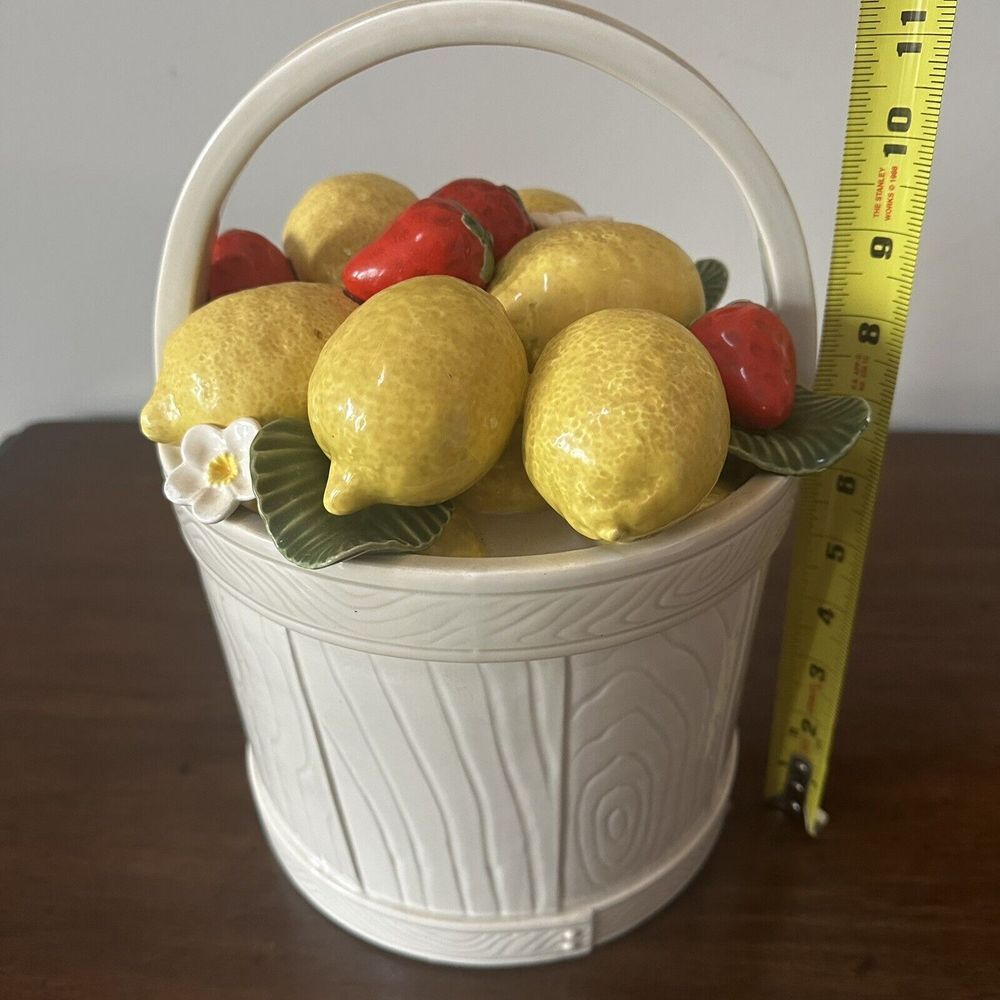 Fitz and Floyd Lemon Strawberry 1987 Ceramic Fruit Basket 11" Vintage Lidded Box - Picture 9 of 9